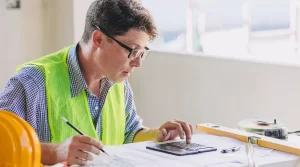 engineer looking at paperwork and computing costs